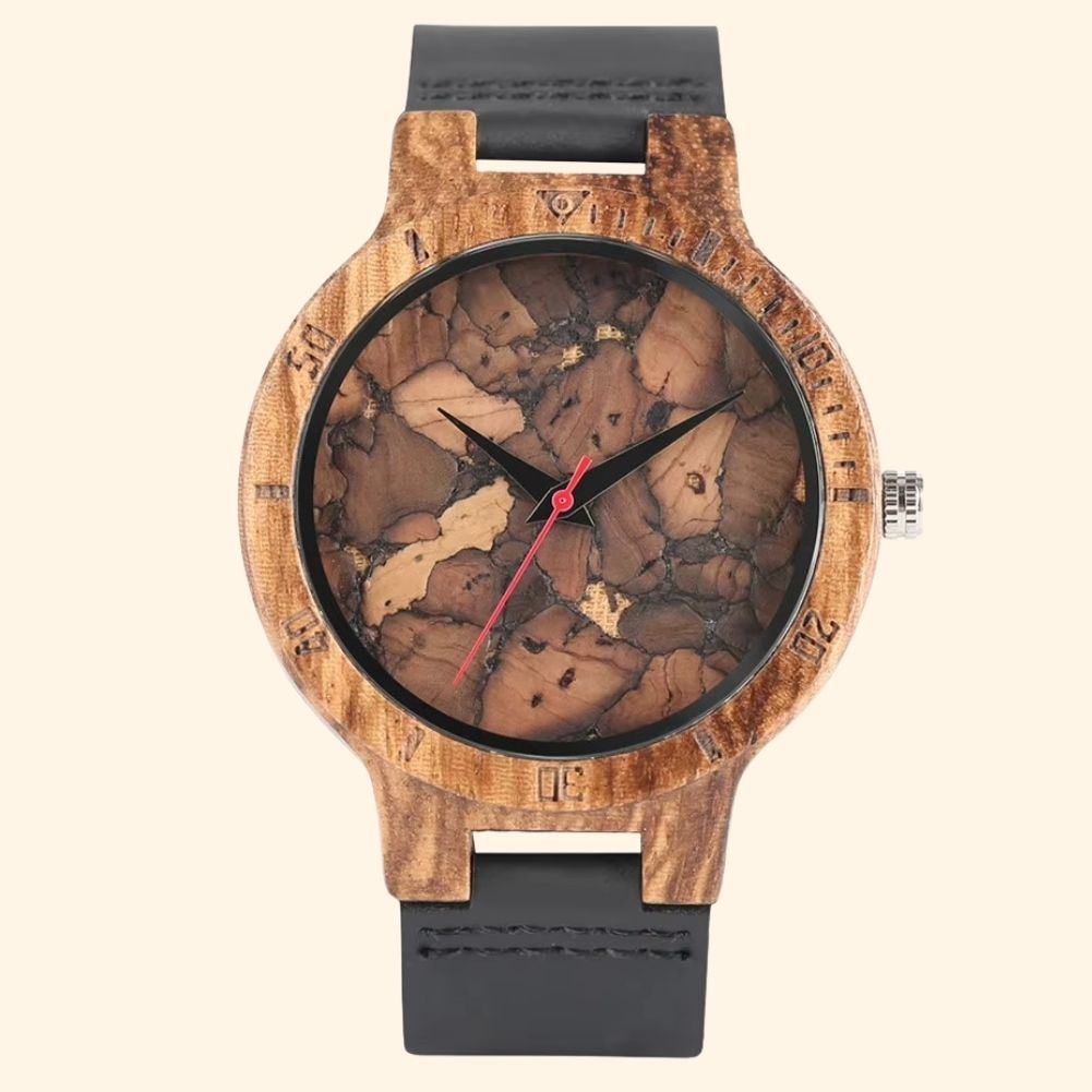 Agate - Montre En Bois Mixte Cadran Marbré Effet Pierre Et Bracelet Cuir Noir