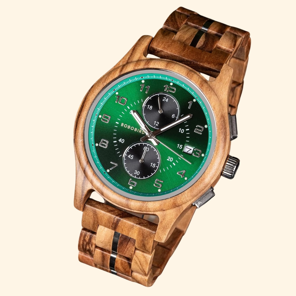 Amazonia - Montre En Bois Quartz Homme Chronographe Cadran Vert Et Olivier