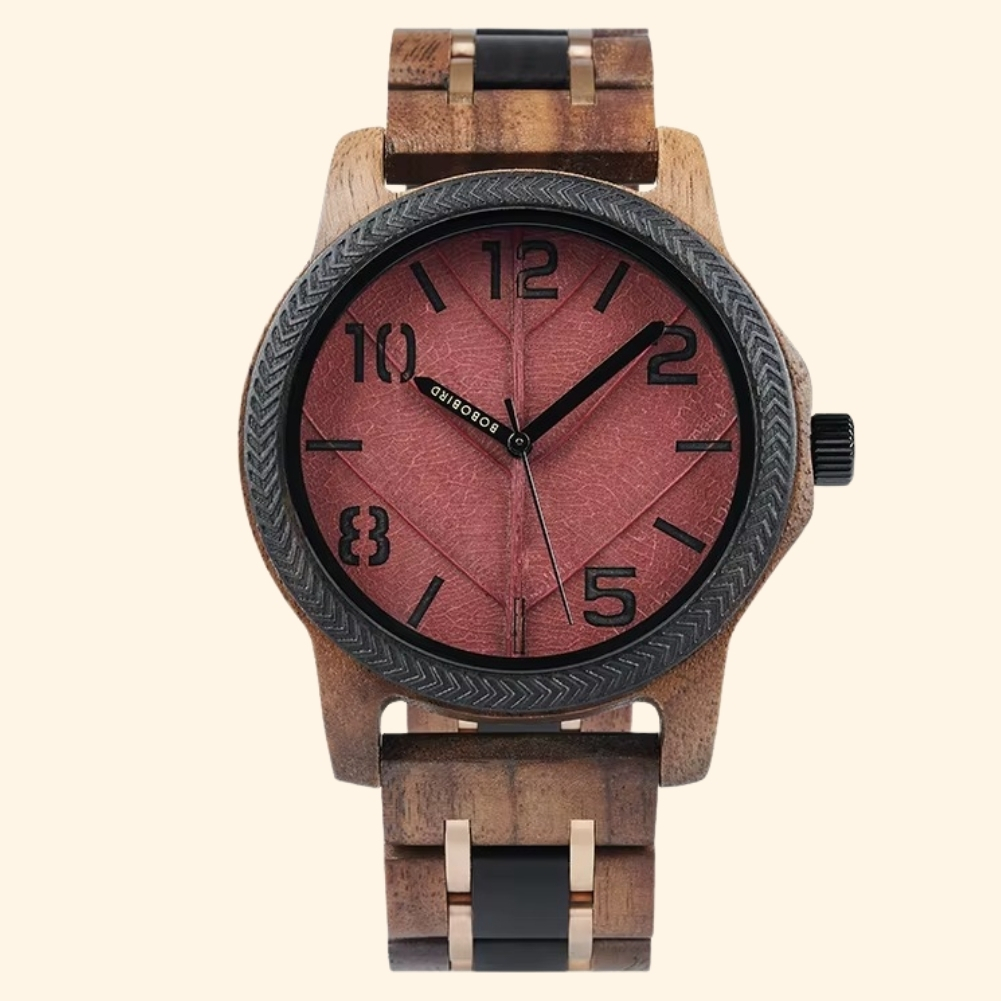 Ambre - Montre En Bois De Noyer Cadran Feuille Et Lunette Noire Chiffres Arabes