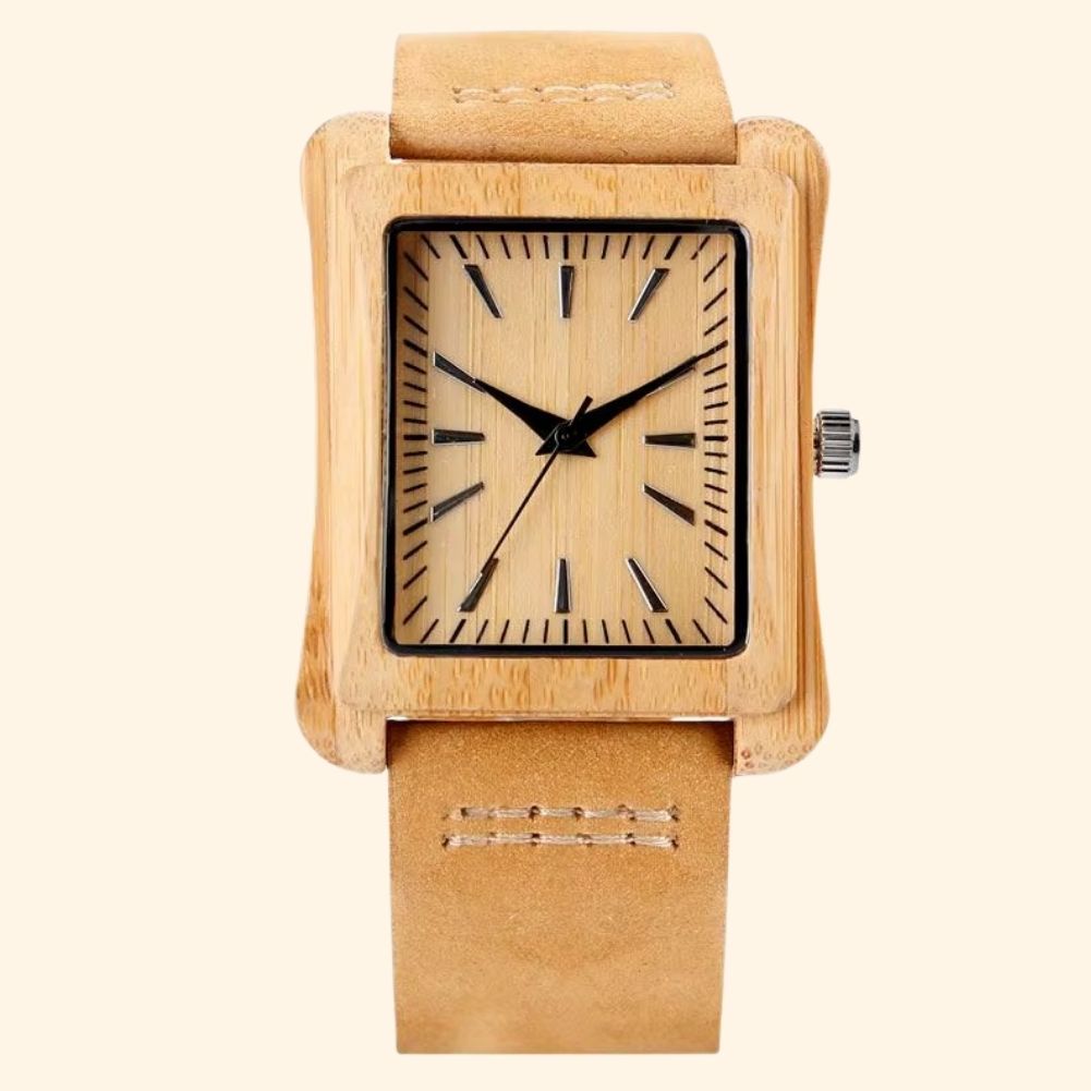 Amsterdam - Montre En Bois Mixte Rectangulaire Bambou Clair Et Bracelet Cuir