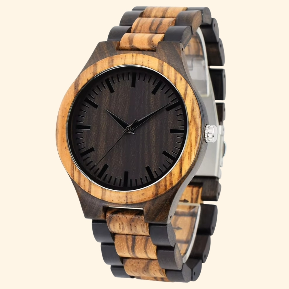 Aspen - Montre En Bois Zébré Cadran Noir Minimaliste Et Bracelet Ébène