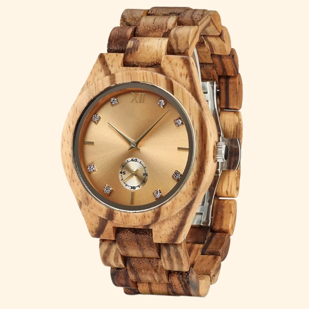 Aurea - Montre En Bois Naturel Femme Affichage Secondes Et Index Strass