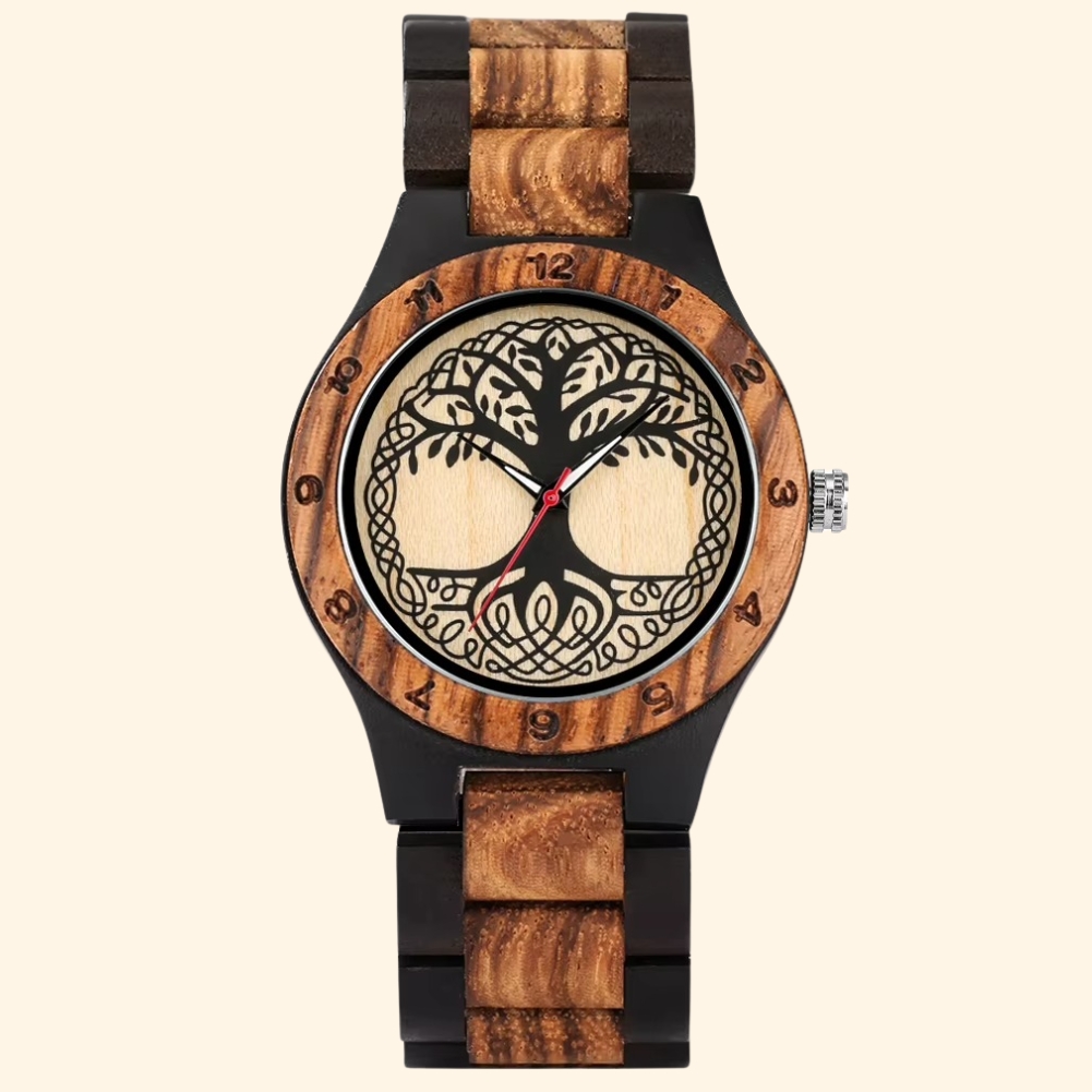 Avalona - Montre En Bois Femme Zébrano Arbre De Vie Et Nœud Celtique