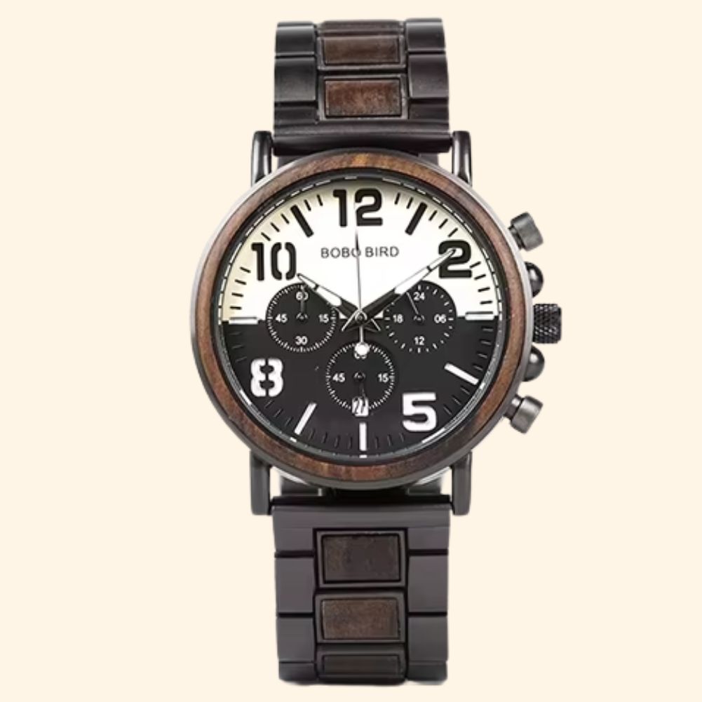 Aviateur - Montre En Bois Et Acier Homme Ébène Cadran Pilote Chiffres Arabes Chronographe