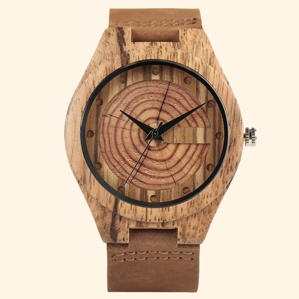 Baobab - Montre En Bois Faite Main Homme Cadran Cernes D'Arbre Et Cuir Camel