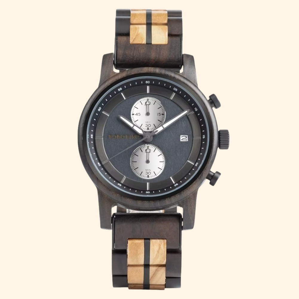Bengale - Montre En Bois Tigré Chronographe 44 Mm Et Cadran Gris