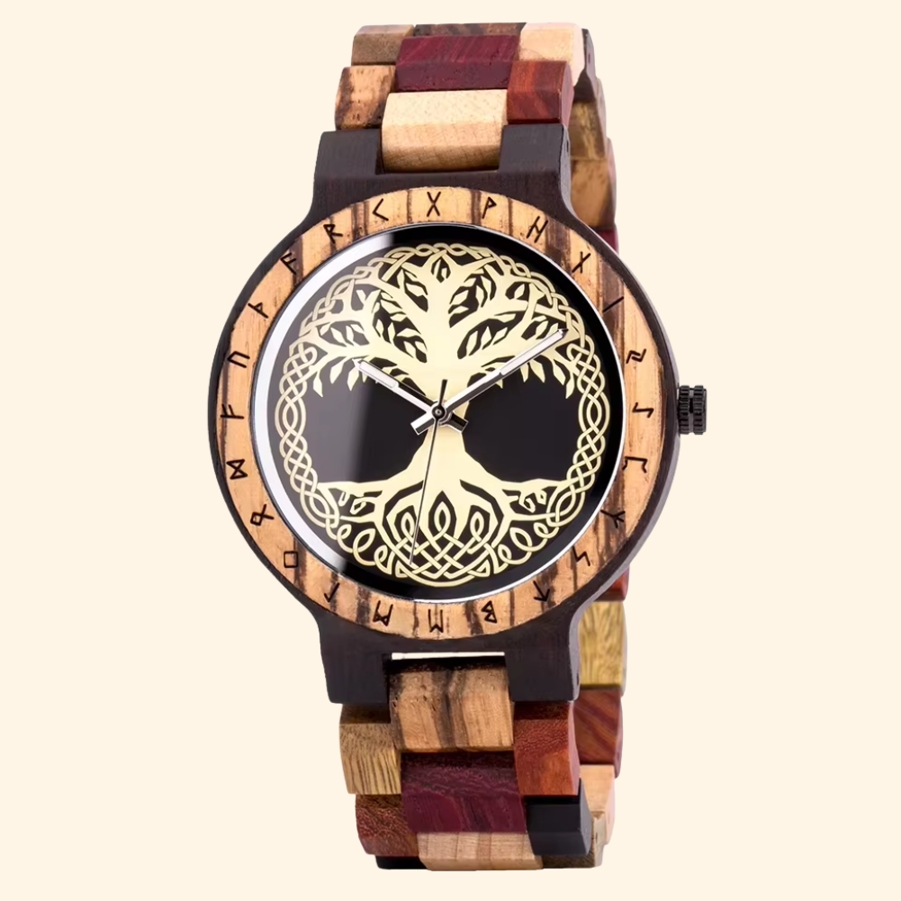 Bifrost - Montre En Bois Homme Multicolore Arbre De Vie Et Runes Gravées