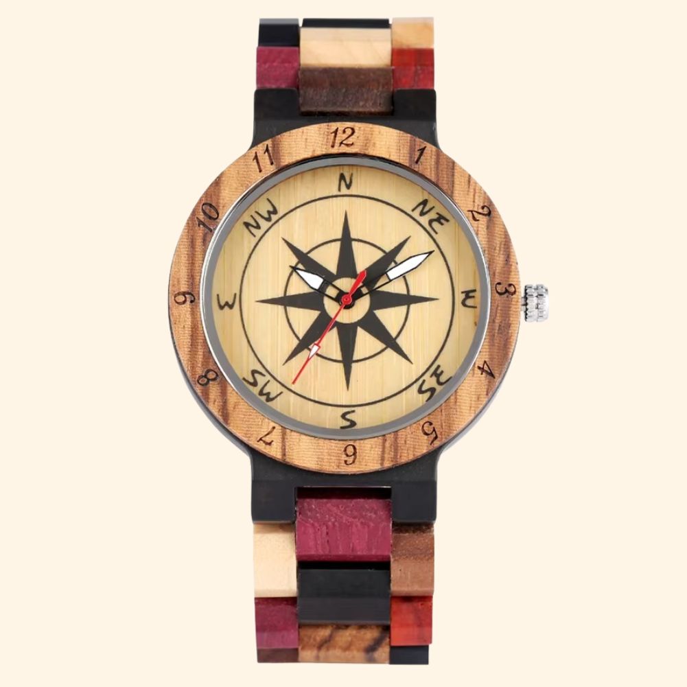 Boréal - Montre En Bois Homme Cadran Boussole 43 Mm Et Bracelet Multi-Essences
