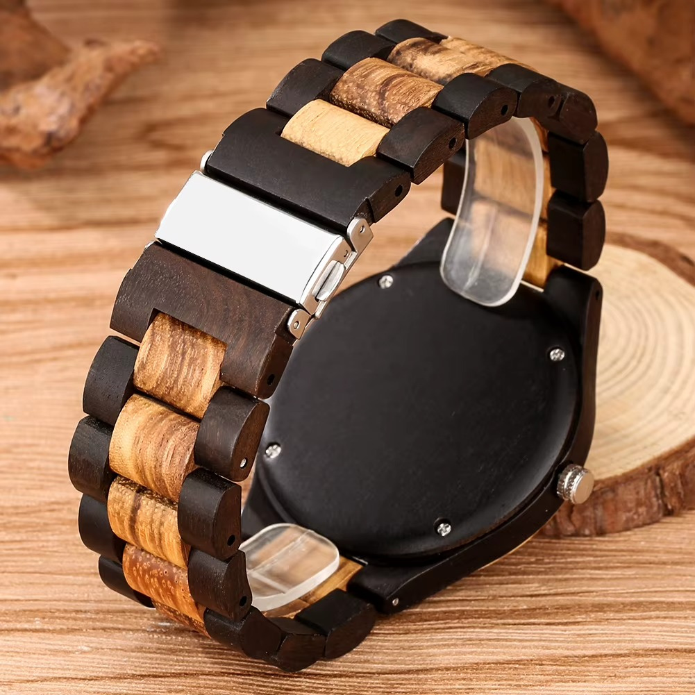 Bracelet de montre en bois zébrano avec fermoir métallique de la montre Avalon homme motif arbre de vie et nœud celtique