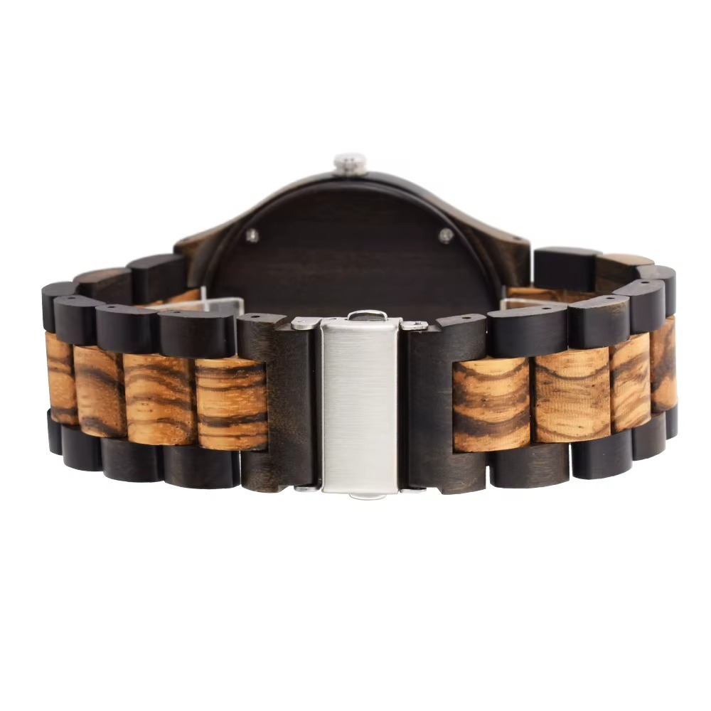 Bracelet en bois zébré et ébène de la montre Aspen avec fermoir métallique vu de dos