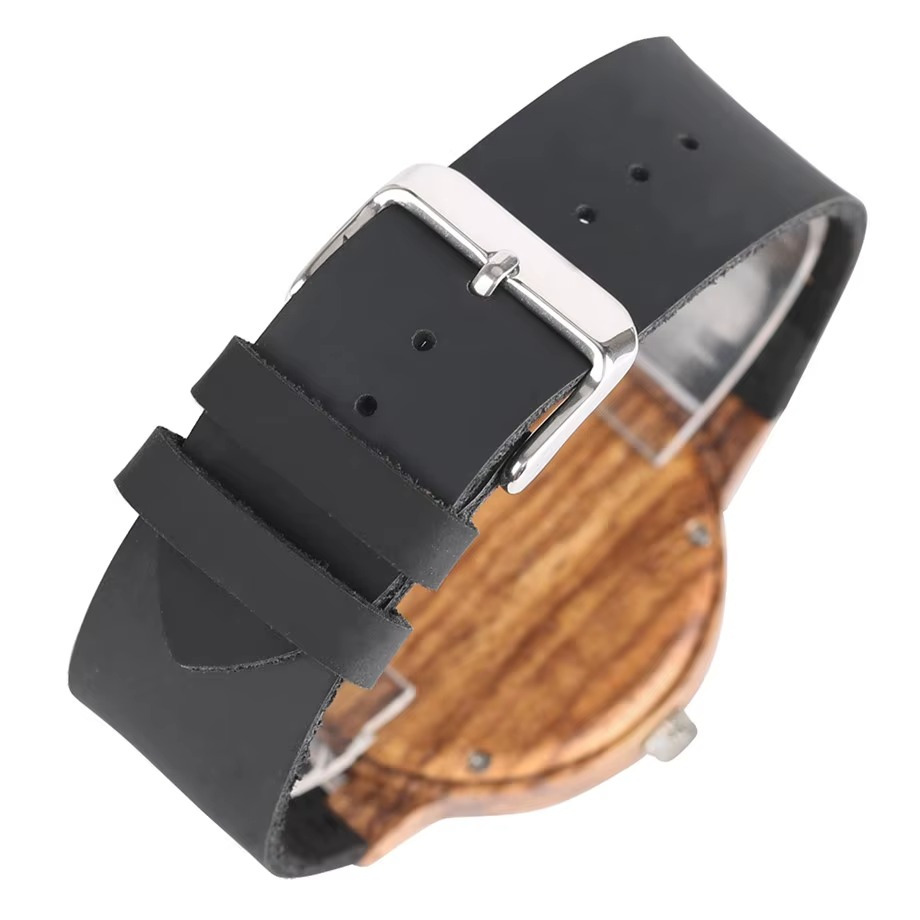 Bracelet en cuir noir avec boucle argentée de la montre Agate en bois mixte au cadran marbré effet pierre