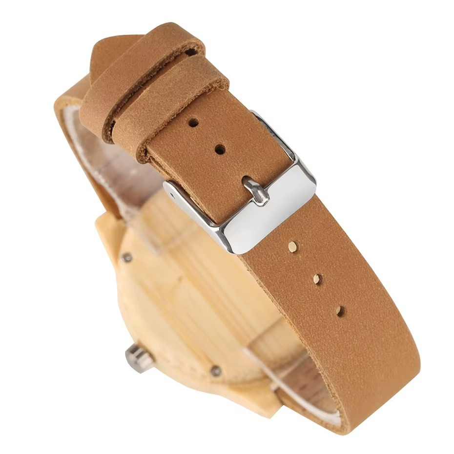 Bracelet en cuir souple marron clair de la montre Toscane en bois de bambou pour femme