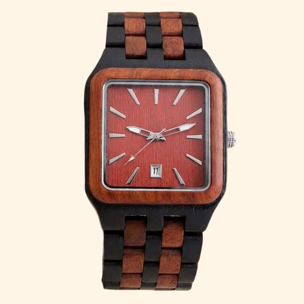 Brooklyn - Montre En Bois Homme Carrée Et Bracelet Damier Noir