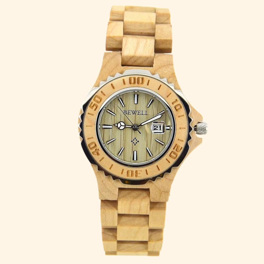 Capri - Montre En Bois Femme Sport Cadran Plongée Bambou Clair Et Date