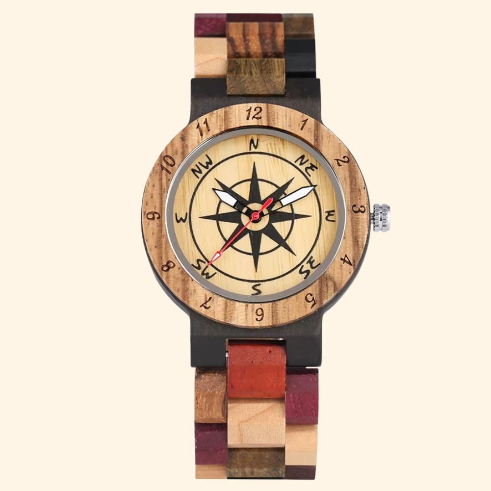 Cardinal - Montre En Bois Femme Cadran Boussole Et Bracelet Marqueté Multicolore