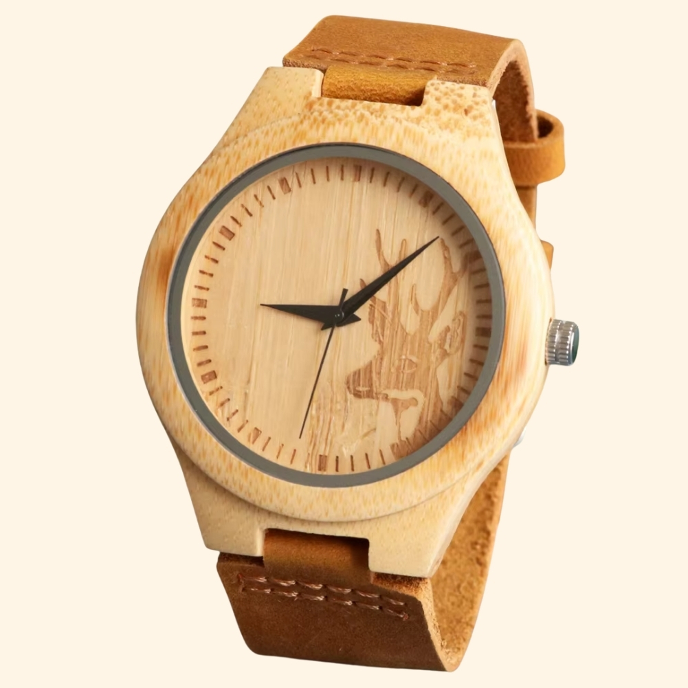 Chambord - Montre En Bois Homme Motif Cerf Cadran Gravé Et Cuir Brun