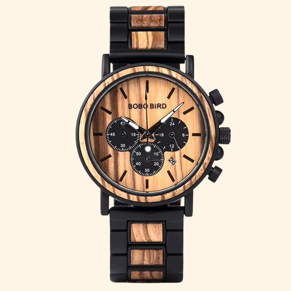 Chicago - Montre En Bois Et Acier Bicolore Chronographe Cadran Cannelé
