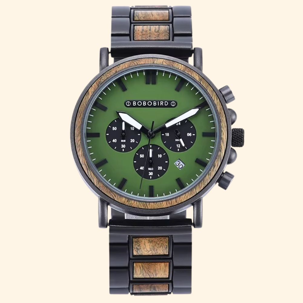Commando - Montre En Bois Et Acier Homme Zébrano Cadran Vert Chronographe Militaire