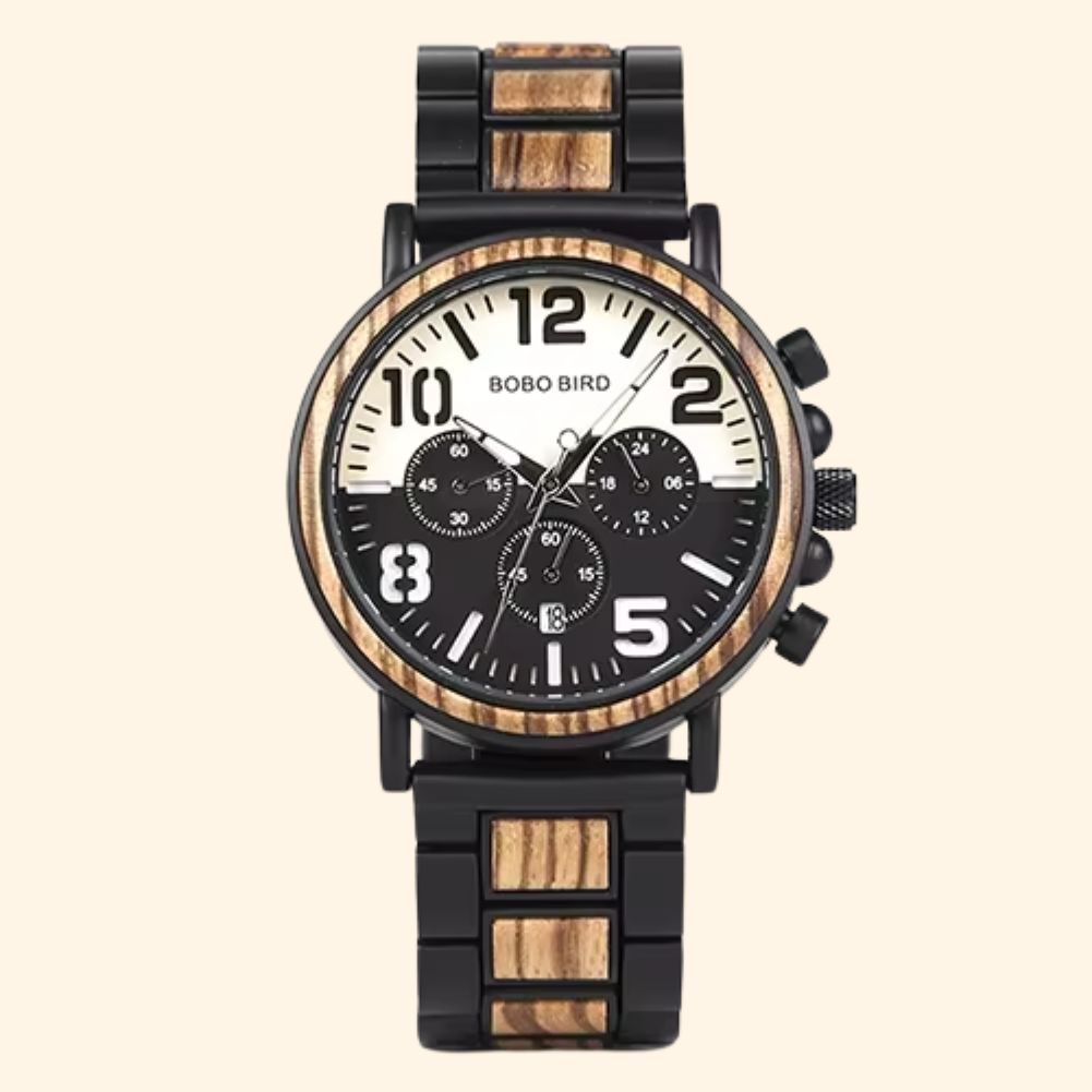 Concorde - Montre En Bois Et Acier Zébrano Cadran Pilote Chiffres Arabes Chronographe