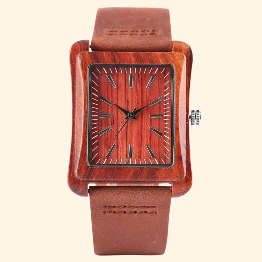 Copenhague - Montre En Bois Mixte Rectangulaire Bois Rouge Et Bracelet Cuir