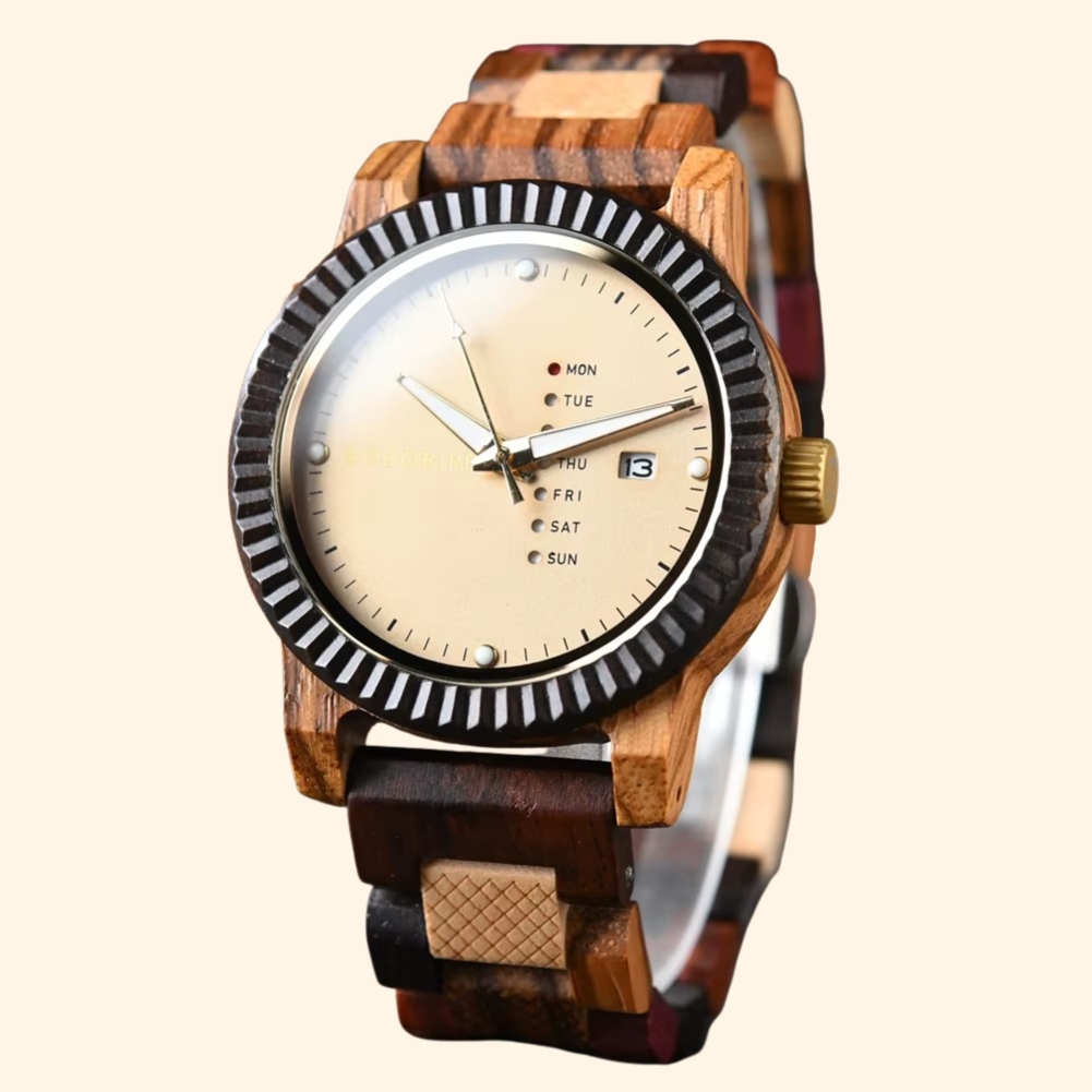Cordoba - Montre En Bois Lunette Cannelée Jour De La Semaine Et Date