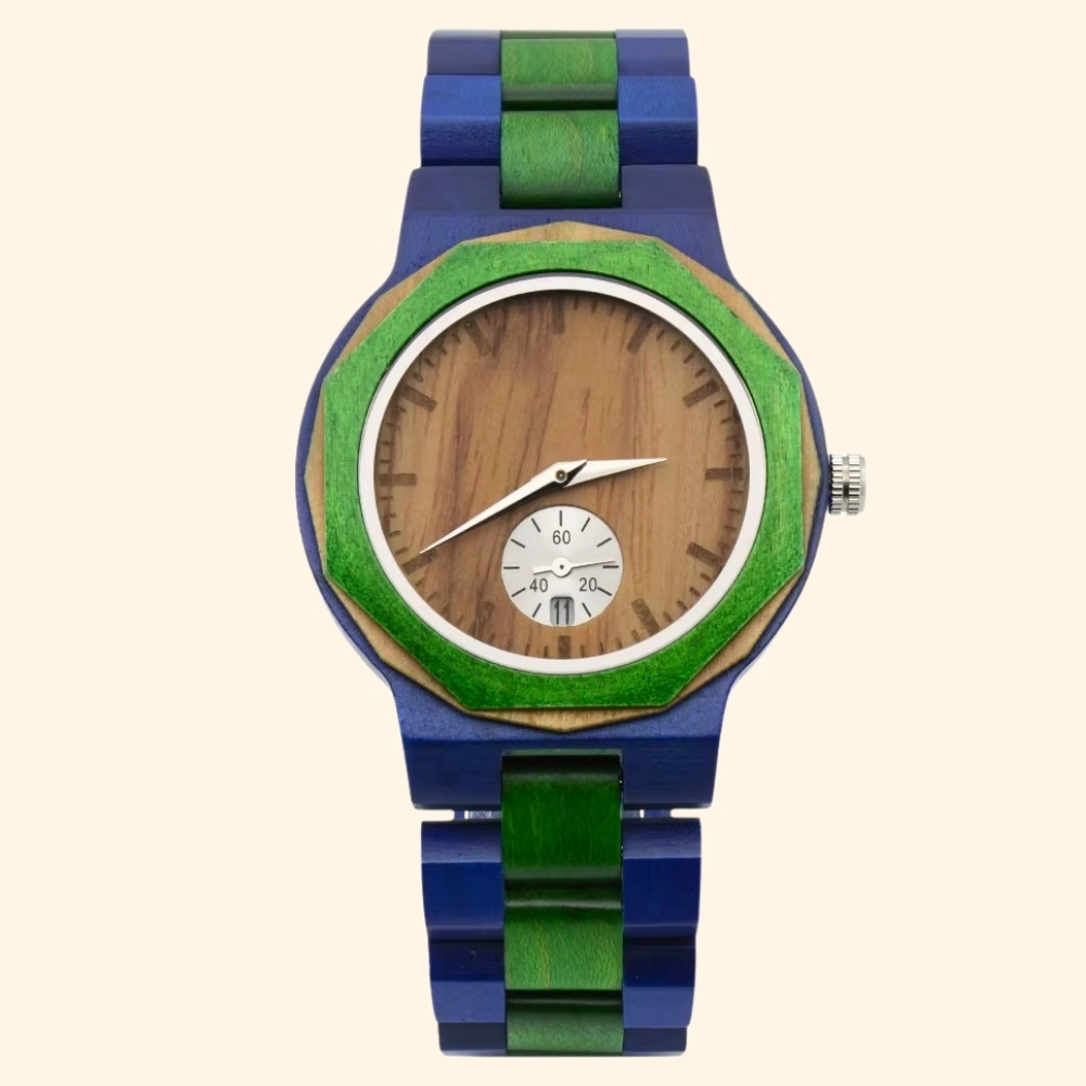 Costa Rica - Montre En Bois Bicolore Bleu Et Vert Bezel Octogonal Et Sous-Cadran Secondes