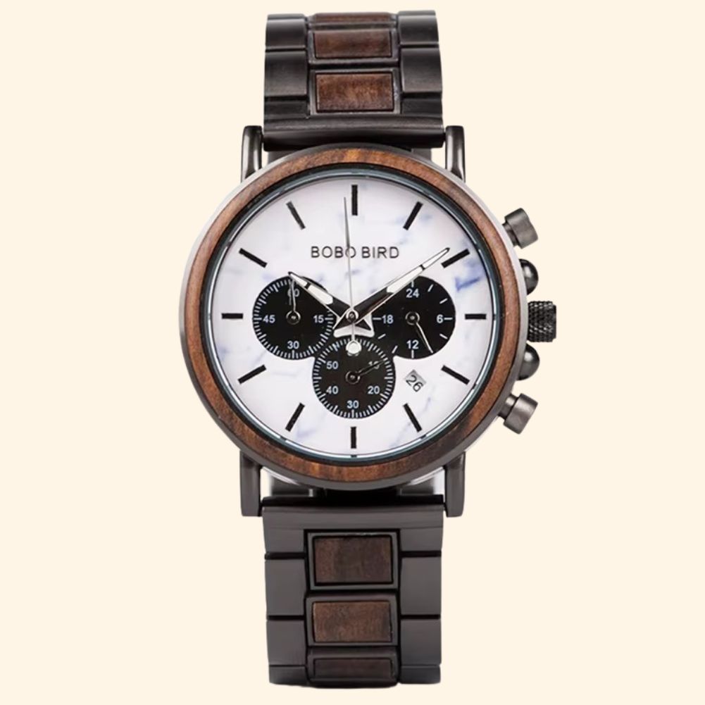 Dallas - Montre En Bois Et Acier Homme Ébène Cadran Blanc Chronographe