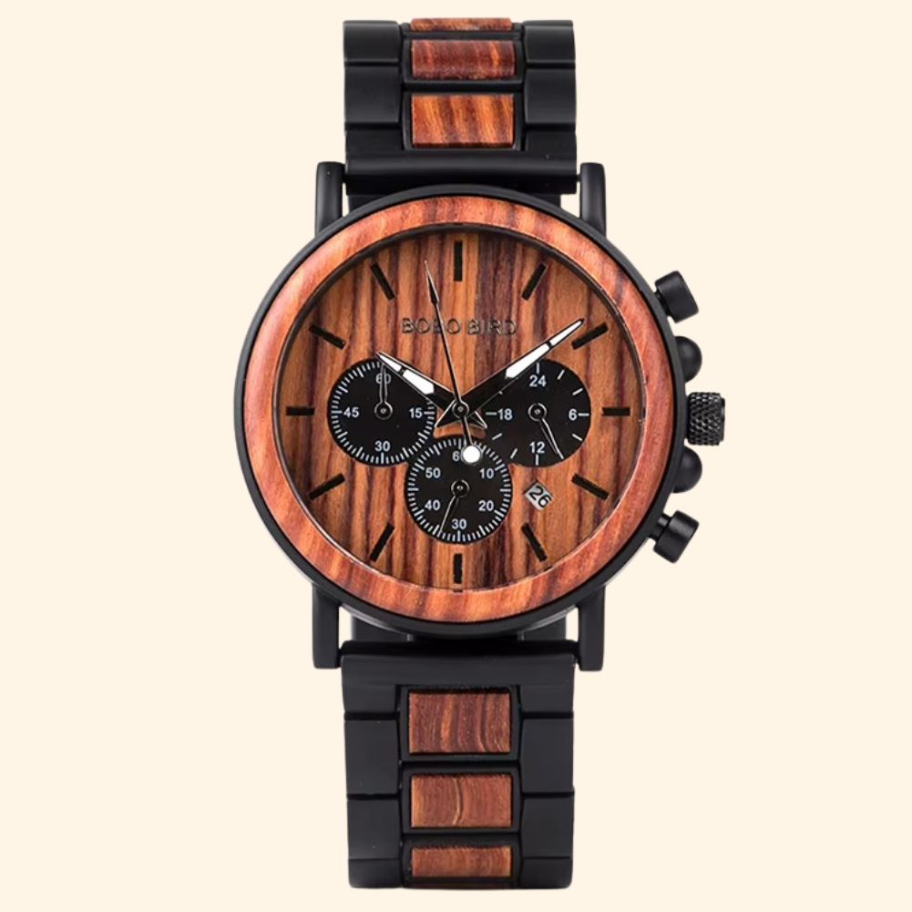 Denver - Montre En Bois Et Acier Homme Bois Rouge Chronographe Cannelé