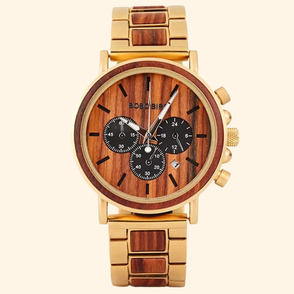 Dubai - Montre En Bois Et Acier Doré Santal Chronographe Luxe