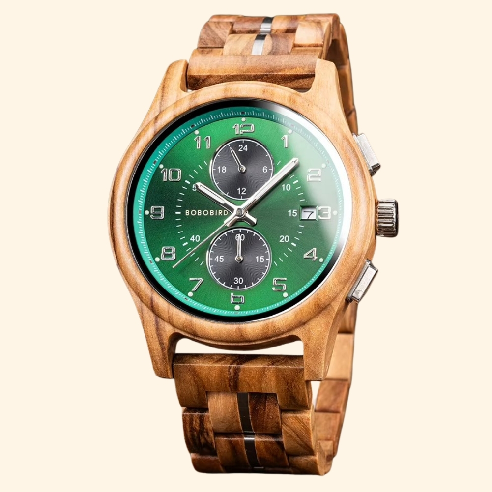 Émeraude - Montre En Bois Homme Olivier Chronographe Cadran Vert Dégradé