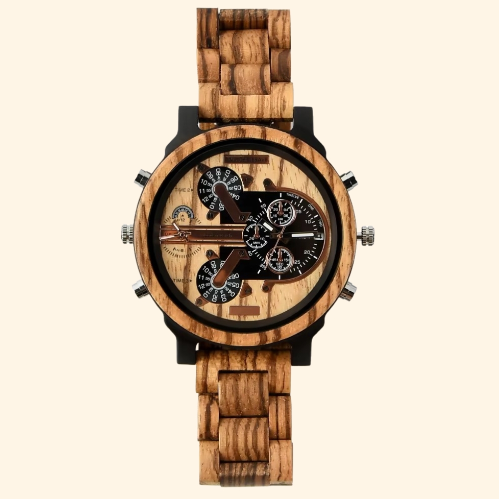 Everest - Montre En Bois Grand Cadran Double Fuseau Et Aiguilles Lumineuses