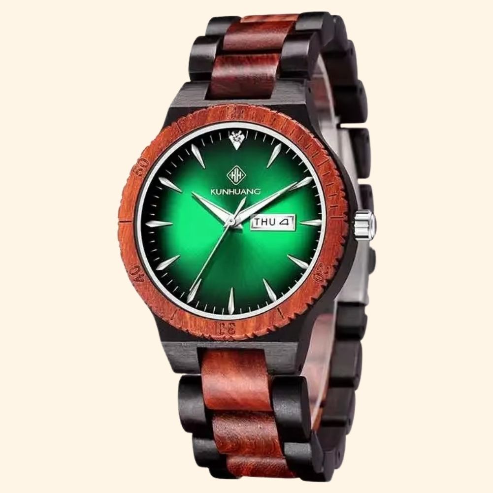 Faune - Montre En Bois Homme Bicolore Cadran Vert Jour Date Lunette Crantée