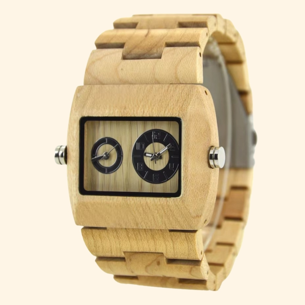 Greenwich - Montre En Bois Rectangulaire Double Fuseau Horaire Bambou Clair