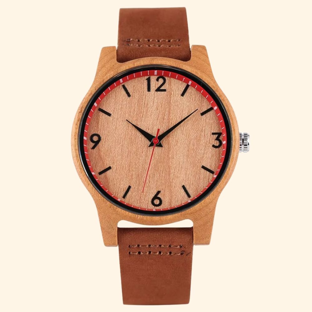 Hanami - Montre En Bois Minimaliste 40 Mm Et Bracelet Cuir Cadran Cerclé Rouge