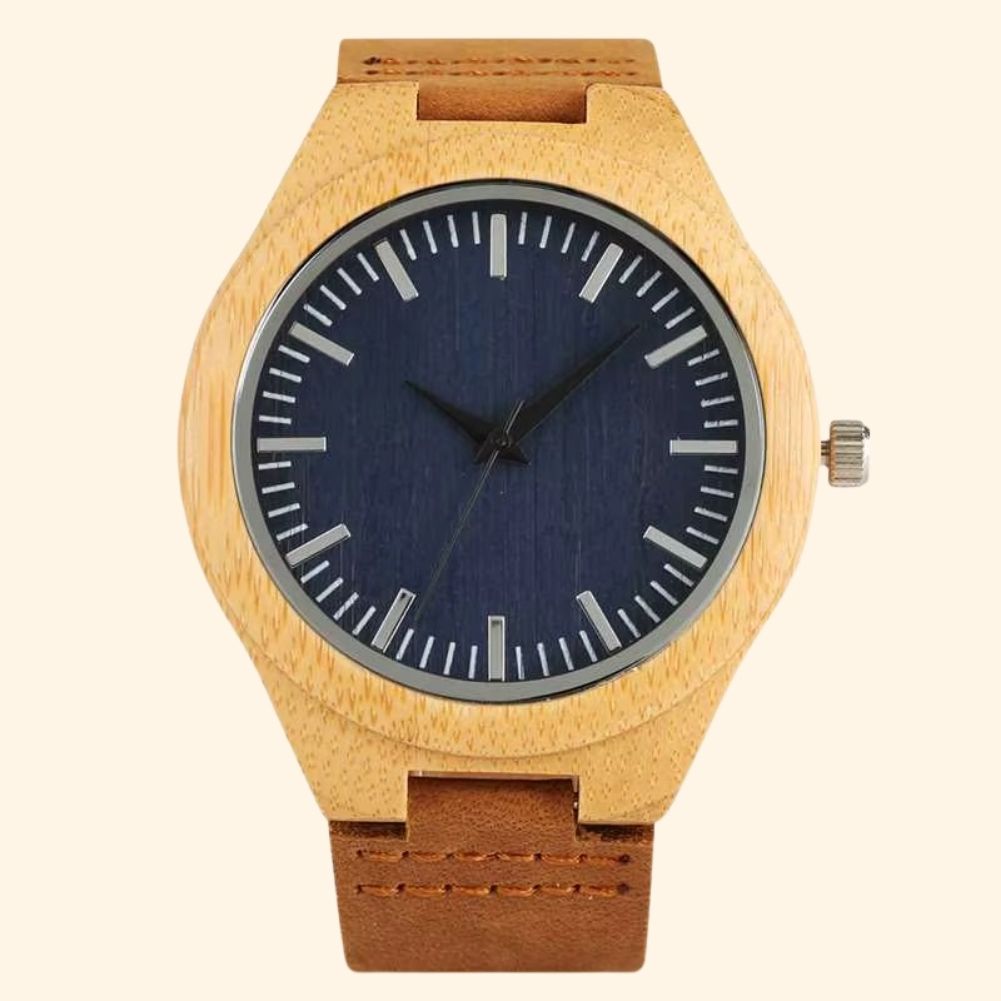 Java - Montre En Bois Bracelet Cuir Cadran Noyer Mouvement Quartz