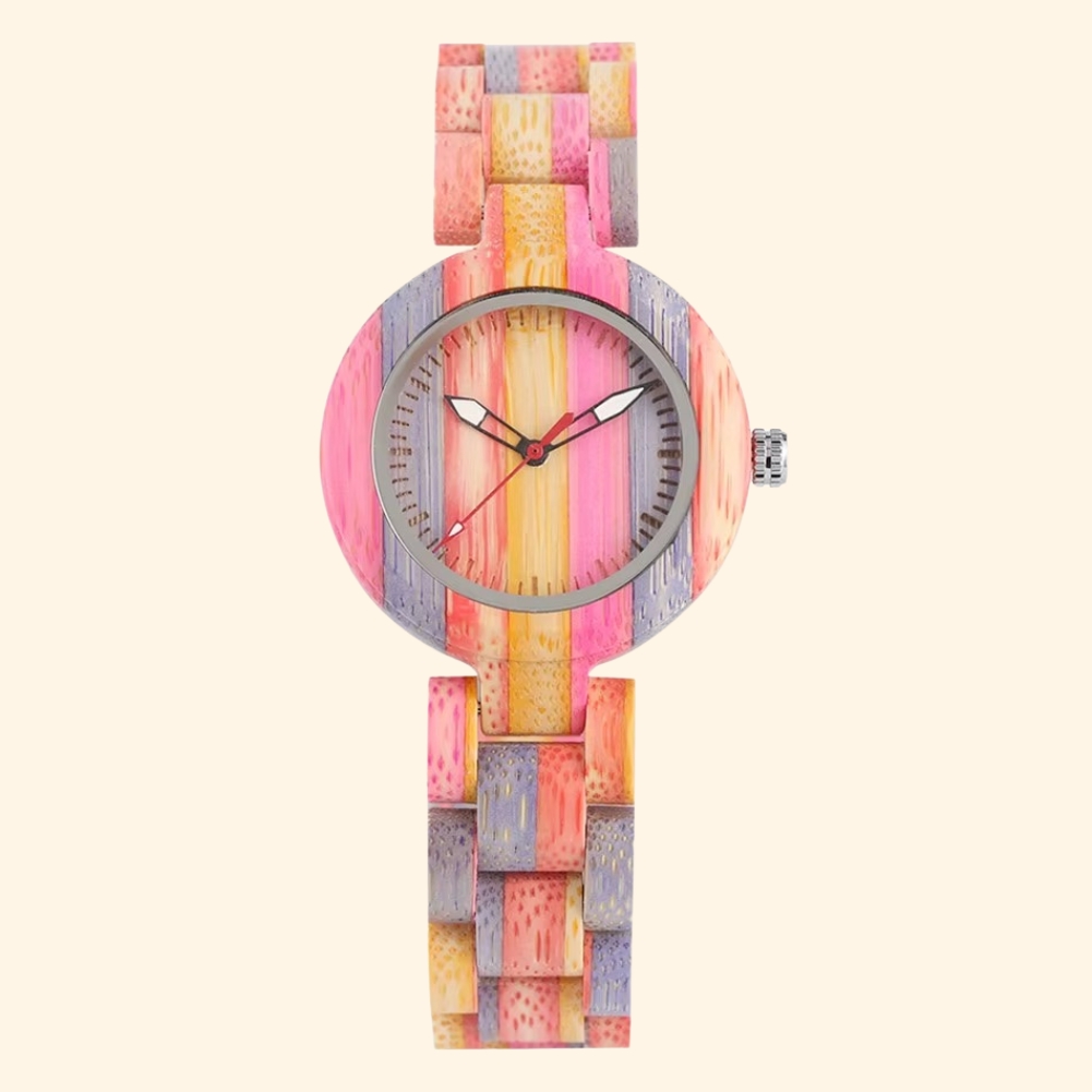 Montre Lumina femme 36 mm en bois multicolore avec aiguilles lumineuses et bracelet en bois à maillons
