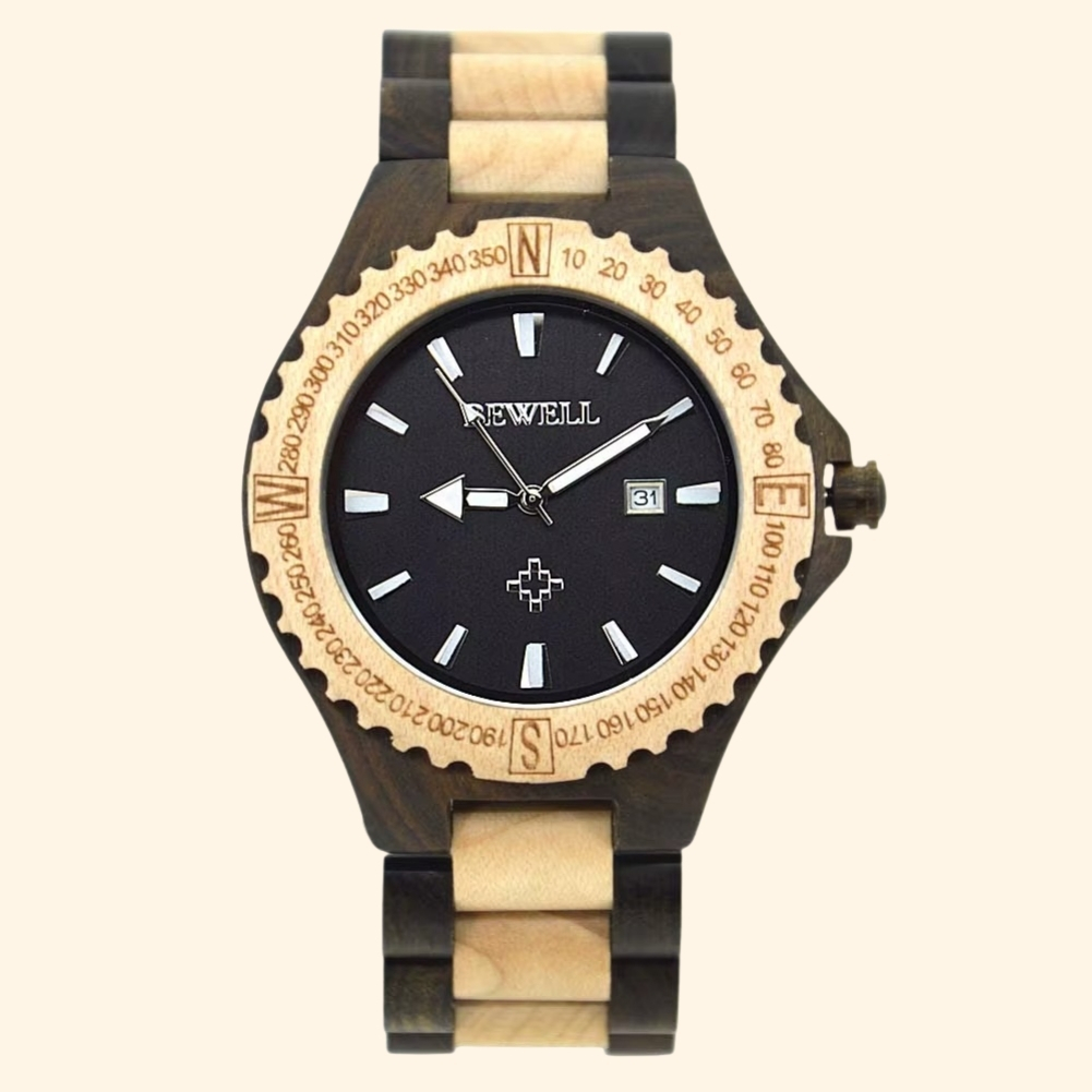 Meridian - Montre En Bois Homme Bicolore Cadran Boussole Gradué 360° Et Date