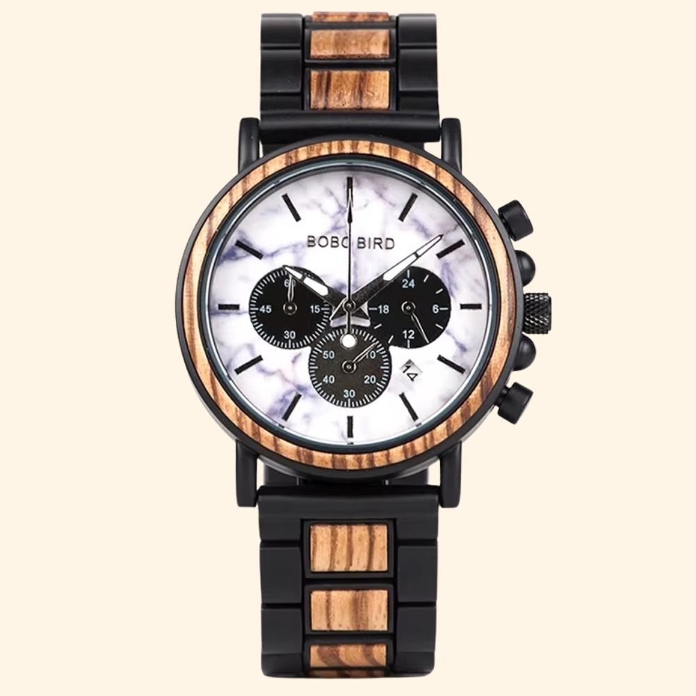 Miami - Montre En Bois Et Acier Cadran Marbre Blanc Chronographe