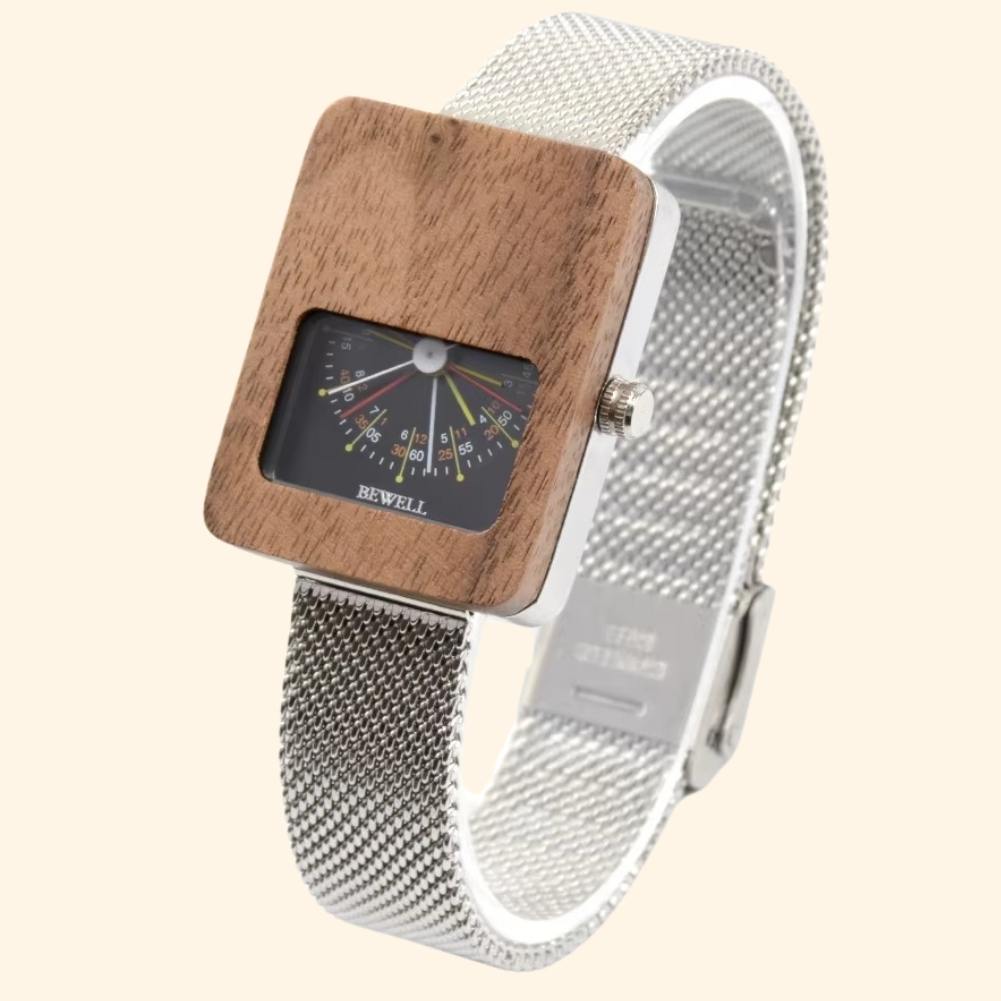 Milan - Montre En Bois Et Acier Femme Cadran Éventail Et Maille