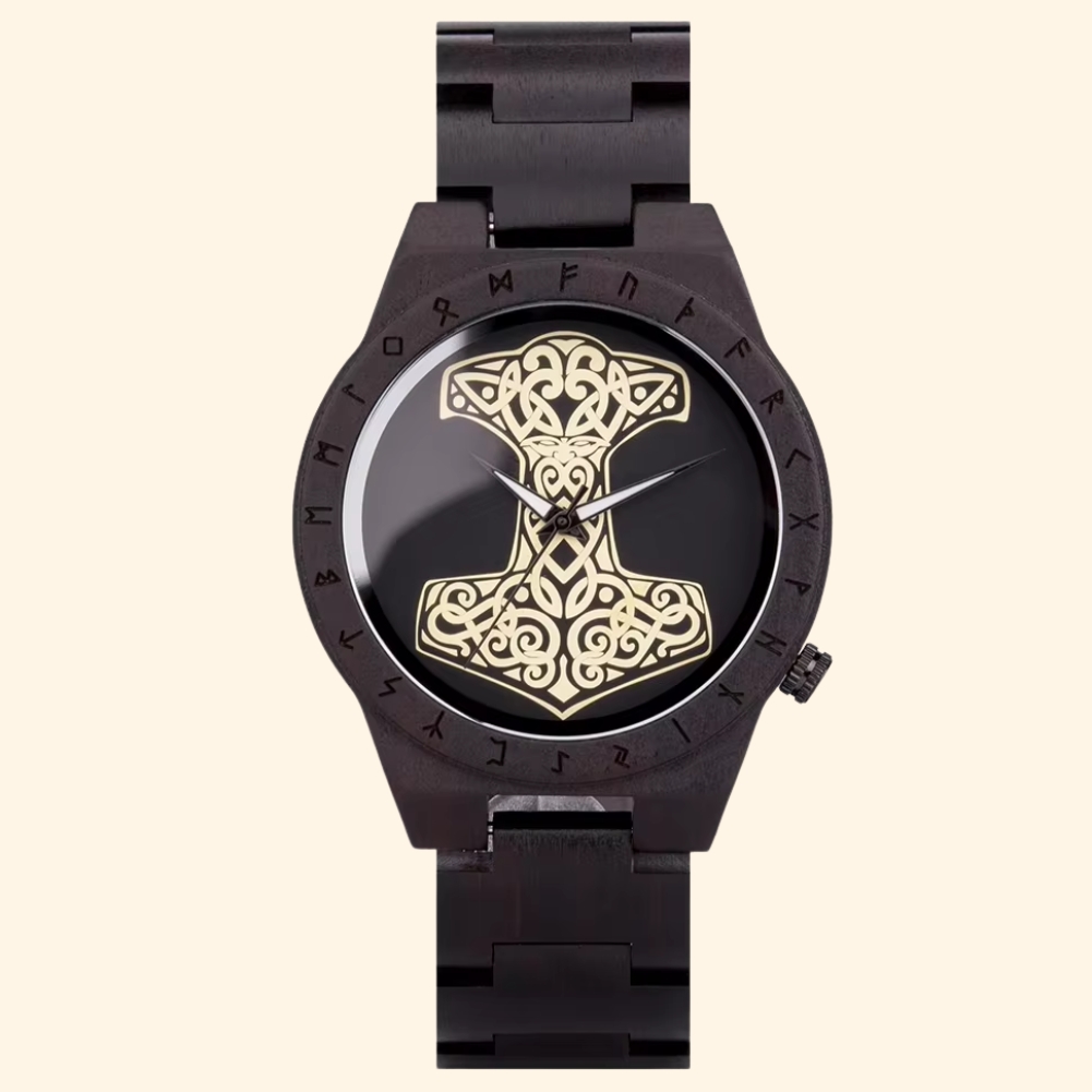 Mjolnir - Montre En Bois Homme Marteau De Thor Ébène