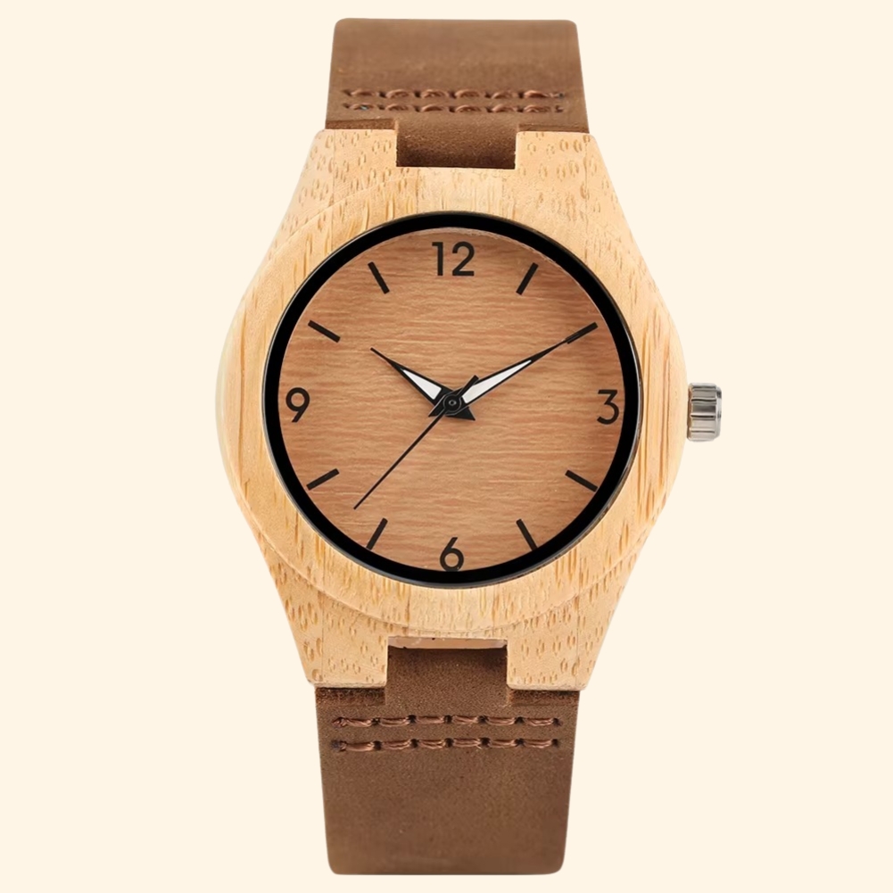 Moka - Montre En Bois Femme Bambou 38 Mm Cadran Café Et Bracelet Cuir