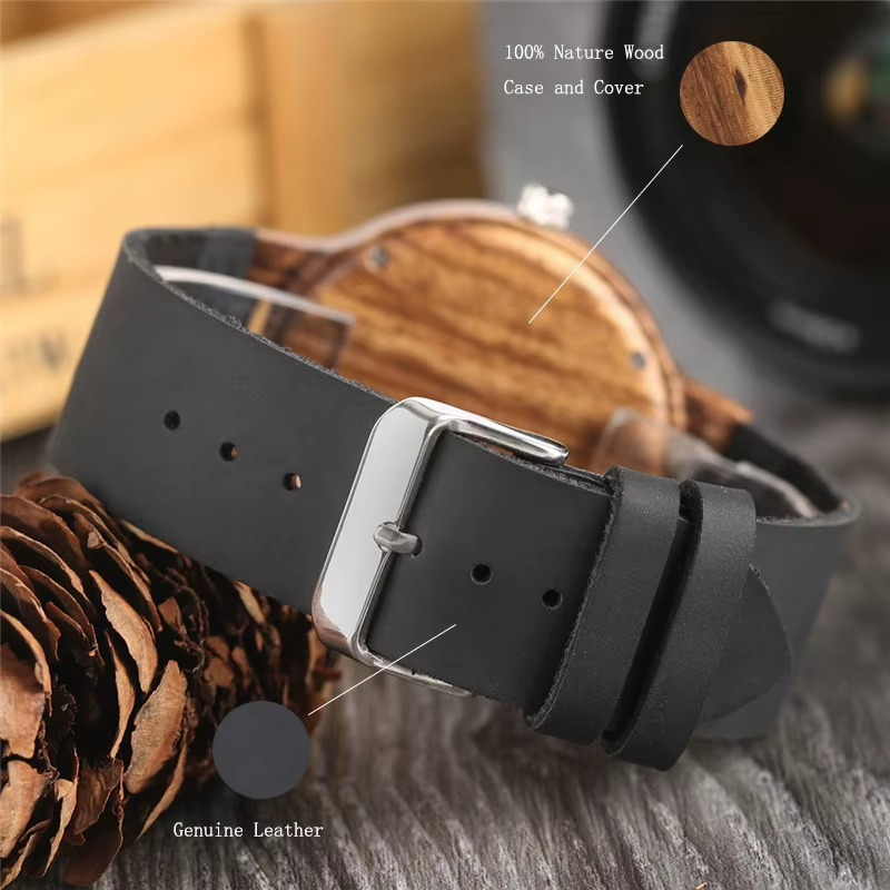 Montre en bois Agate mixte avec cadran effet pierre marbré et bracelet en cuir noir vue sur la boucle et le bracelet