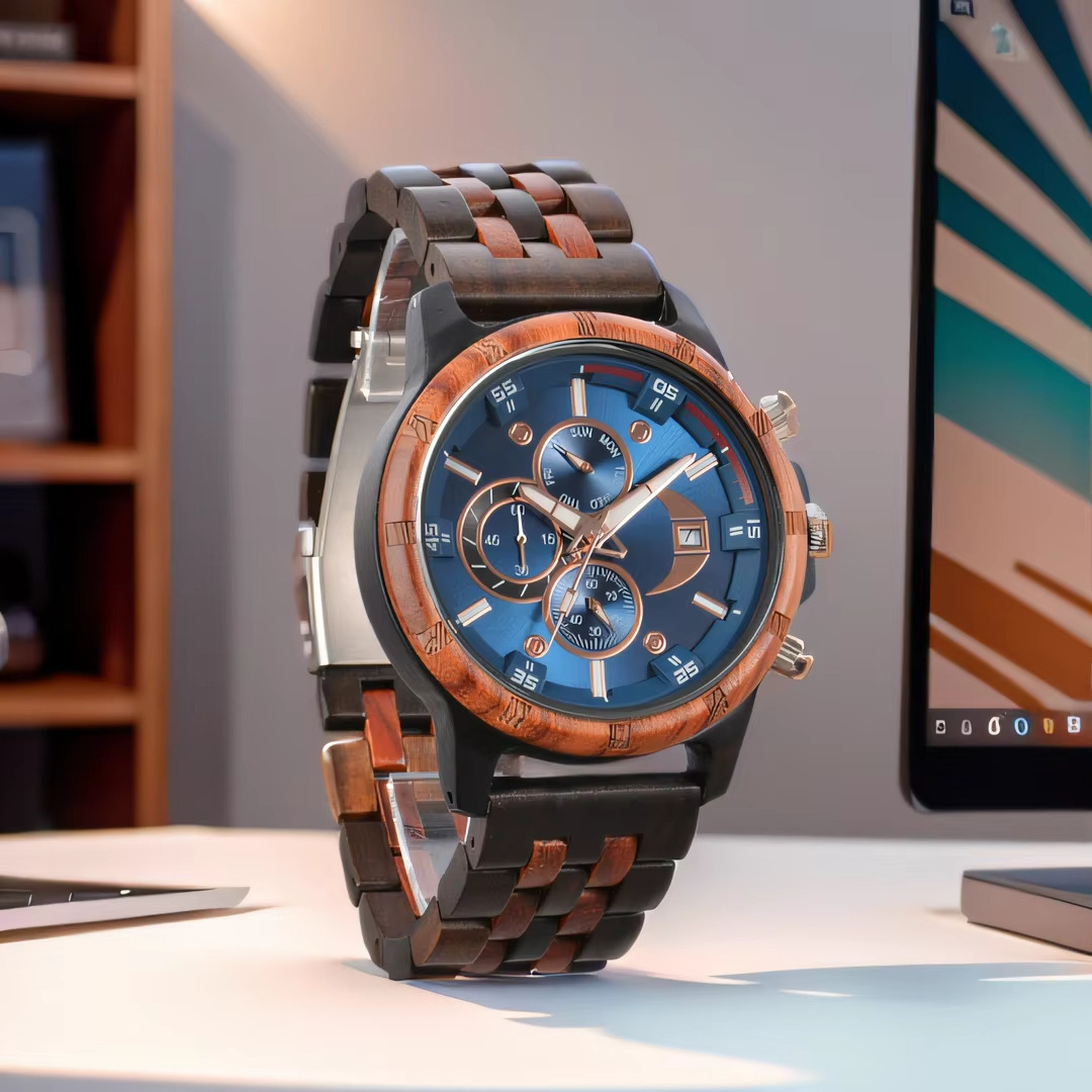 Montre Atlas en bois bicolore avec cadran bleu, chronographe et calendrier complet, vue de face en léger angle
