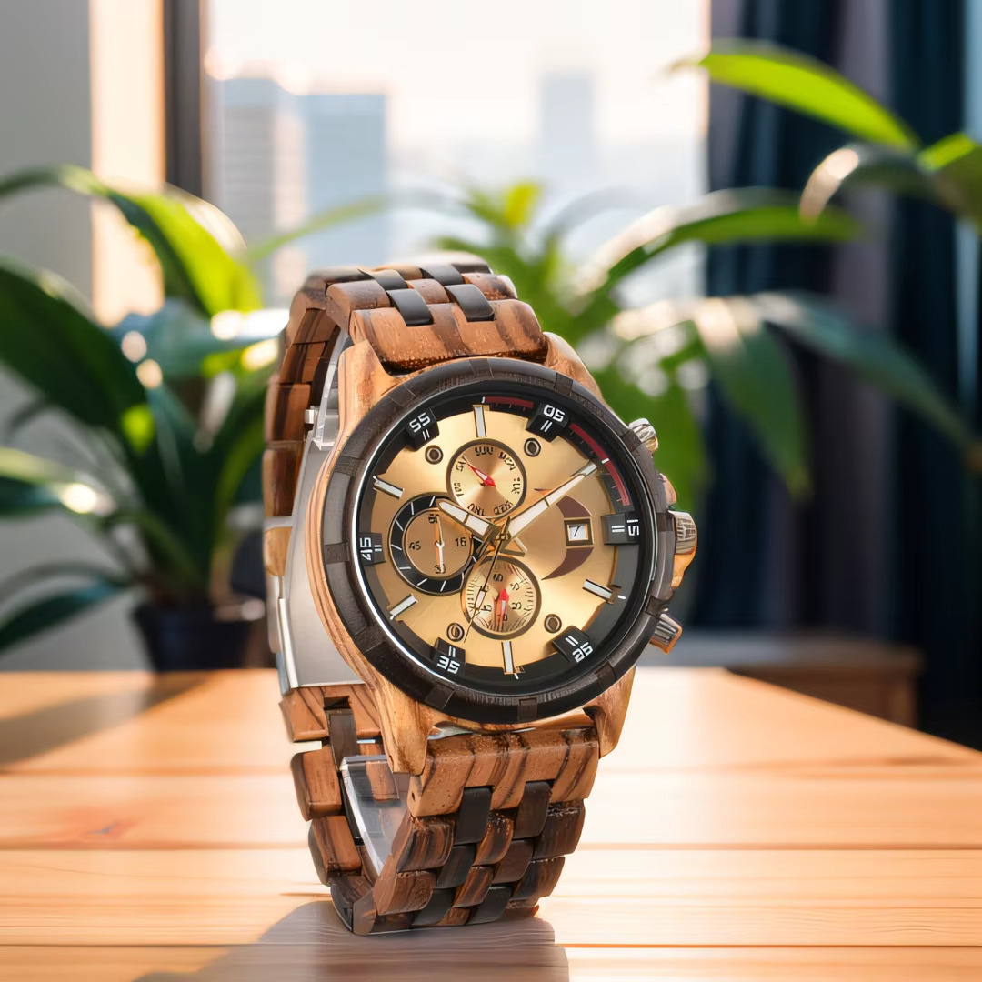 Montre Atlas en bois bicolore avec cadran chronographe doré et calendrier complet, bracelet en bois naturel et foncé