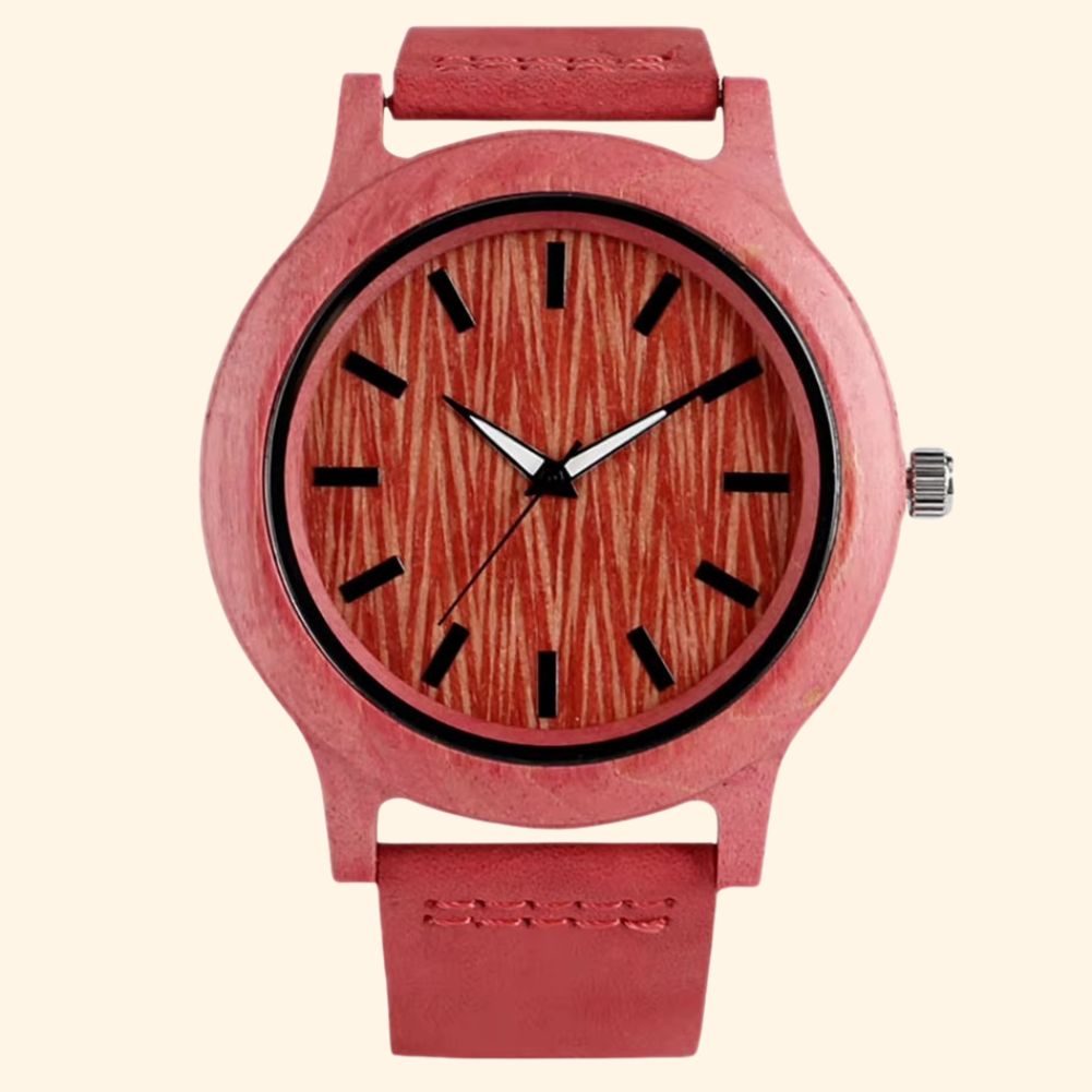 Montre Aurore en bois bambou teinté rouge avec cadran en bois et bracelet cuir assorti rouge vue face