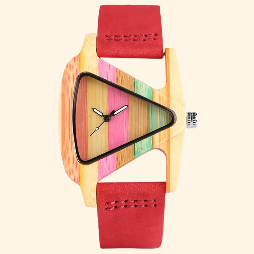 Montre en bois femme modèle Bali avec cadran triangulaire en bambou pastel multicolore et bracelet rouge