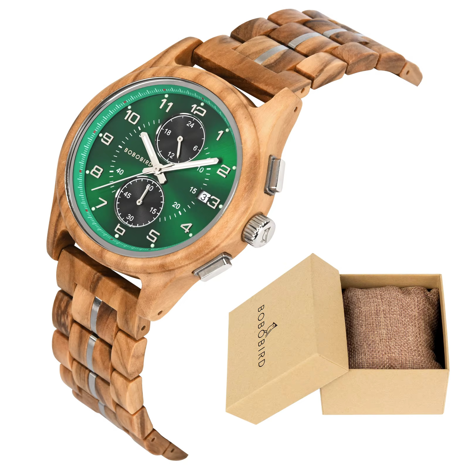 Montre en bois Amazonia pour homme avec cadran vert et chronographe, bracelet en bois d'olivier, vue de face et boîte de rangement ouverte