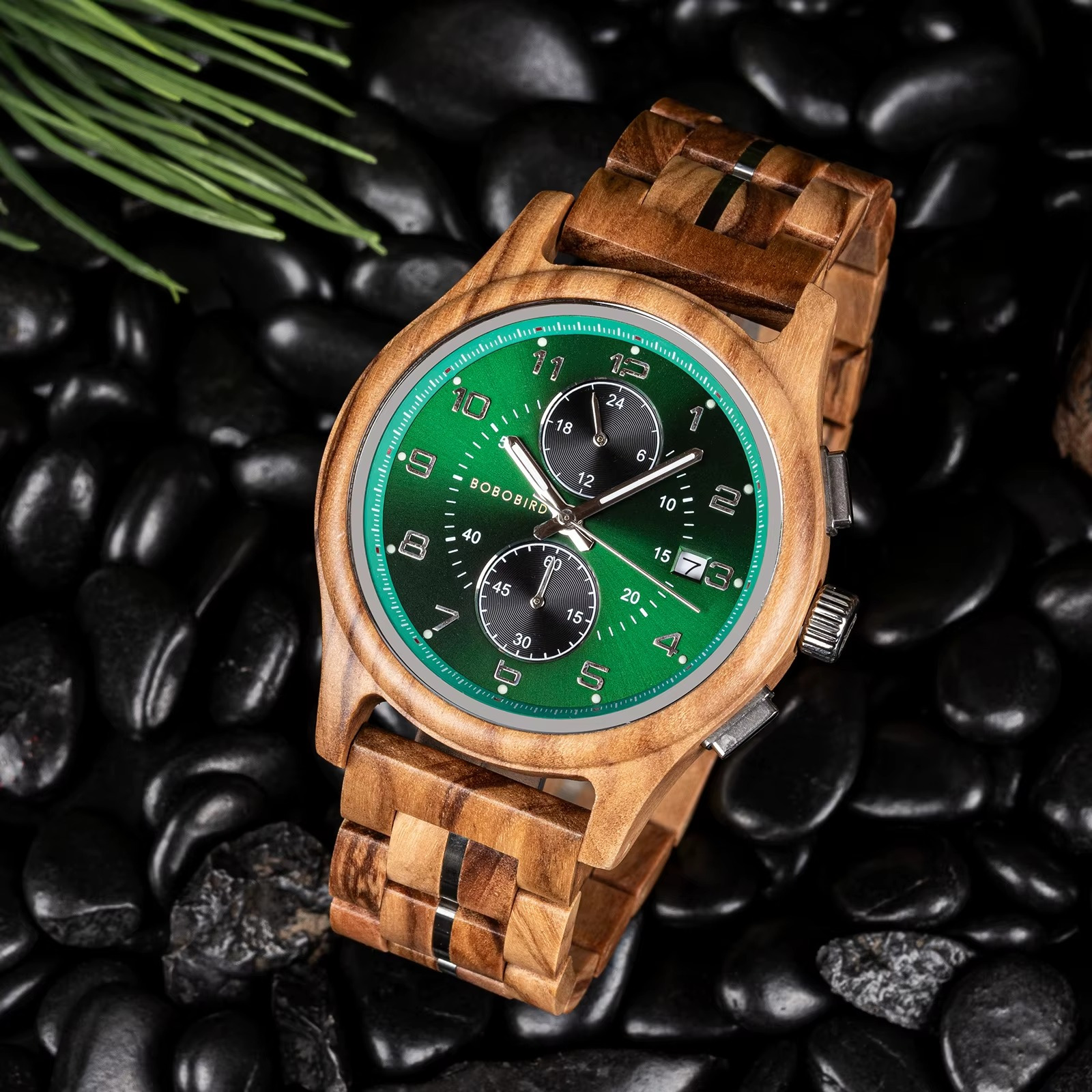 Montre en bois Amazonia pour homme avec cadran vert et chronographe, bracelet en bois d'olivier