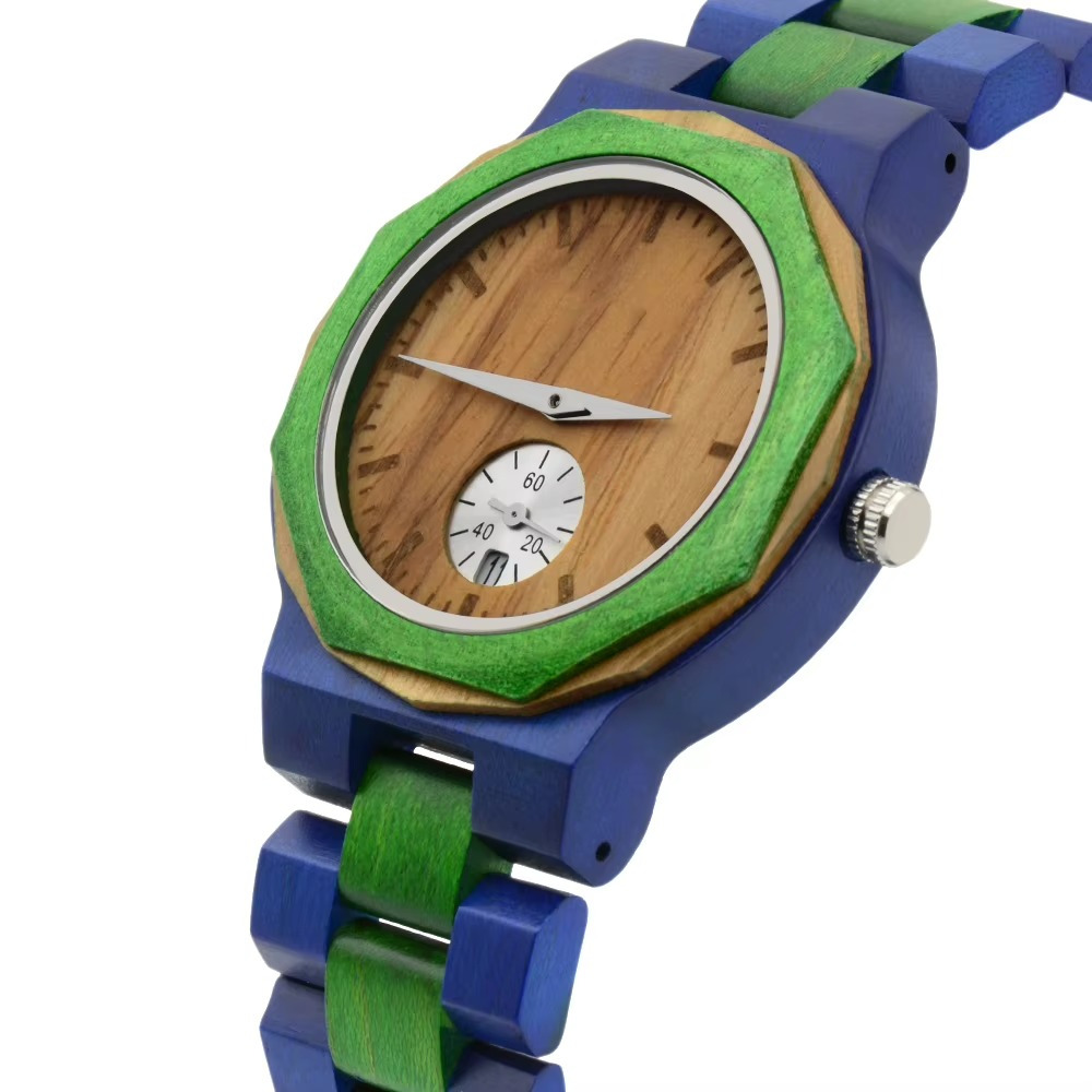 Montre en bois bicolore bleu et vert Costa Rica avec boîtier octogonal et sous-cadran secondes visible