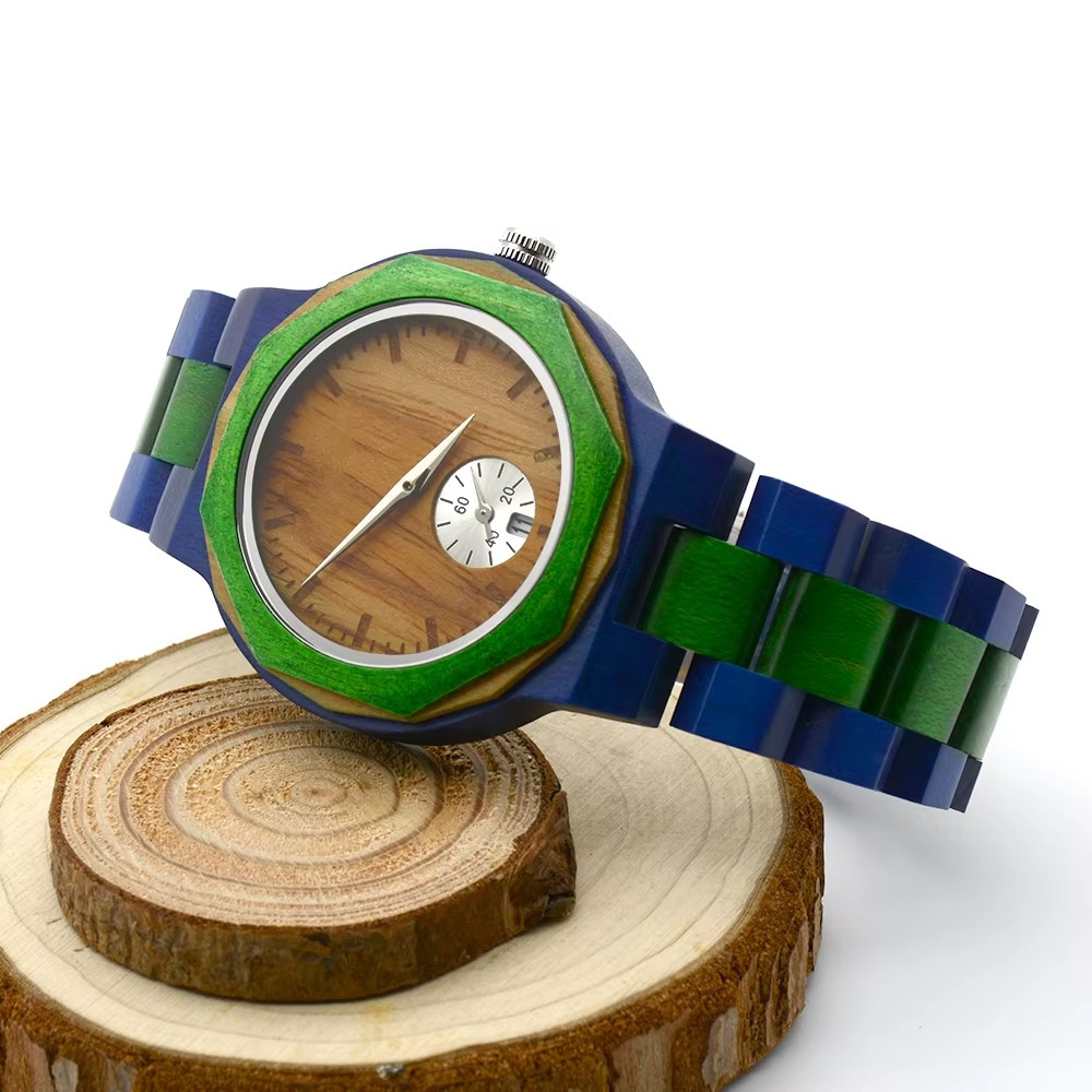 Montre en bois bicolore bleu et vert modèle Costa Rica avec cadran octogonal et sous-cadran secondes visible